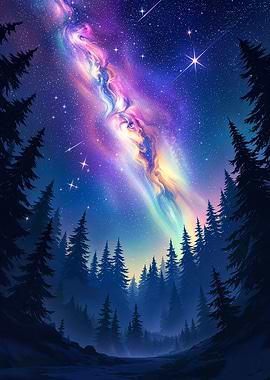 Starry Night In Dark Forest Night Sky Cosmic View