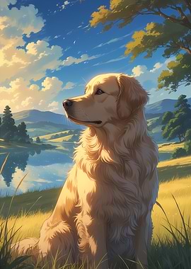 Majestic Golden Retriever in Serene Landscape - Beautiful Anime Style Dog Portrait