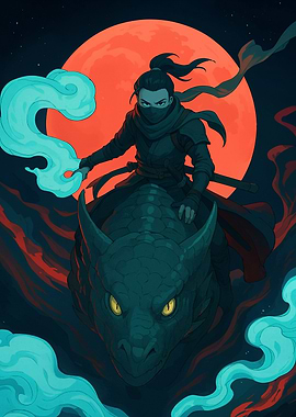 Ninja on Dragon with Red Moon