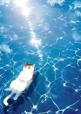 Cat Floating in Blue Water