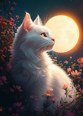 White Cat Under Moonlight