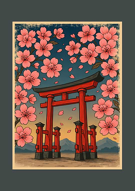 Japanese Torii Gate with Cherry Blossoms