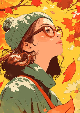 Hip Autumn Girl with Maple Leaves Minimalist Art Illustraiton