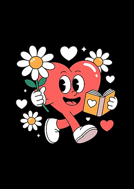 Heart Character with Flowers and Book