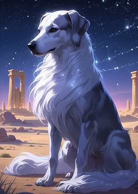 Majestic White Afghan Hound Dog in Starry Sky Desert - Beautiful Anime Style Dog Portrait Art