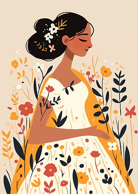 Boho Floral Dress Woman Minimalist Art Illustration