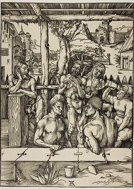 Woodcut of Men in a Landscape