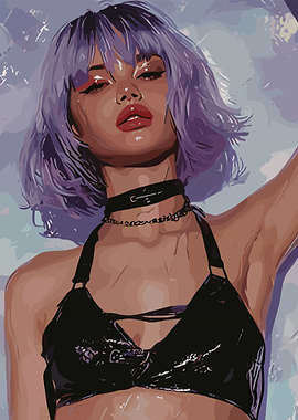 Purple Haired Woman in Black Bra
