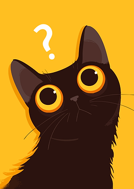 Cute Curious Black Cat Pet Portrait Minimalist Art Illustration
