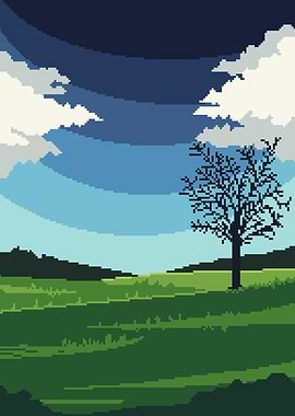 Pixelated Landscape with Tree