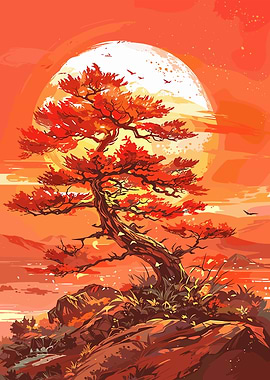Red Tree Sunset Landscape