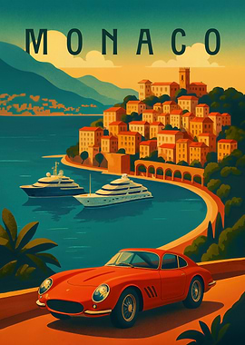 Monaco Travel Poster – Luxury Riviera with Cars and Yachts