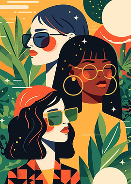 Three Fashionable Women Minimalist Art Illustration