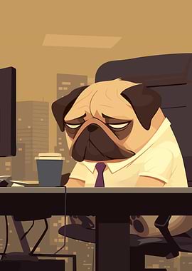 Tired Pug at Work Minimalist Art Illustration