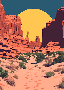 Rising Sun over Desert Canyon Minimalist Nature Art Illustration