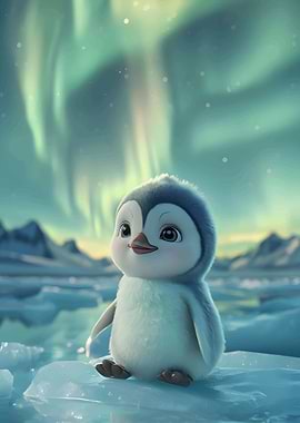 Cute Penguin Under Aurora Borealis