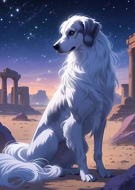 Majestic Afghan Hound Dog in Starry Sky Desert - Beautiful Anime Style Dog Portrait Art