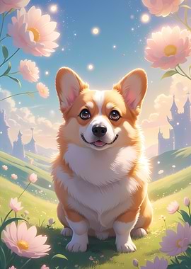 Adorable Corgi Dog with Spring Flowers - Cute Cartoon Style Dog Portrait Art