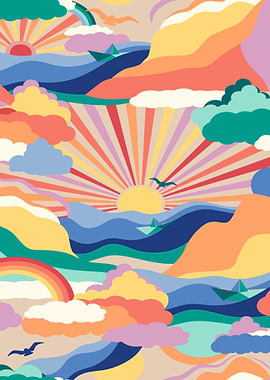 Sunrise Landscape with Paper Boats