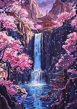 Japanese Waterfall Temple