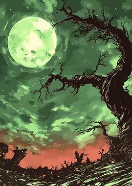 Spooky Night Sky with Twisted Tree