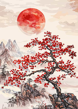 Red Moon Mountain Landscape