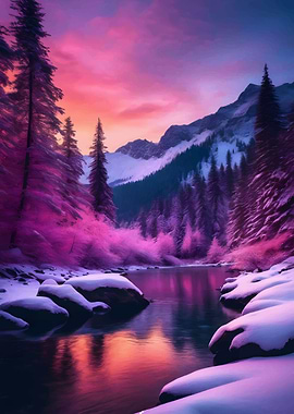 Snowy Mountain River at Sunset