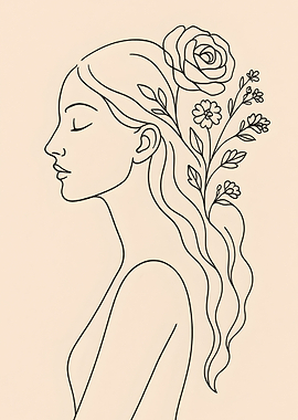 Line Art Woman with Flowers
