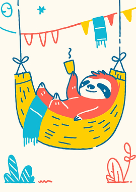 Sloth in Hammock with Coffee