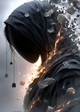 Dark Figure with Flames and Petals