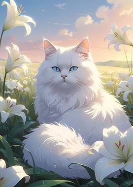 Elegant White Persian Cat with Lily Flowers - Beautiful Anime Style Cartoon Floral Cat Portrait Art