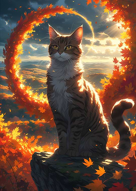 Majestic Abyssinian Cat in Autumn Fantasy - Beautiful Anime Style Cartoon Cat Portrait Art