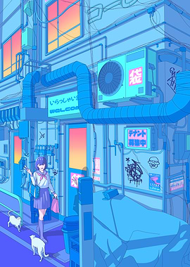 Anime Cityscape with Girl