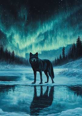Wolf Under Aurora Borealis
