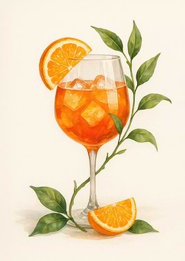 Aperol Spritz Glass with Orange Leaves – Vintage Watercolor Art