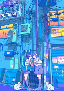 Anime Girls in Japanese Alleyway