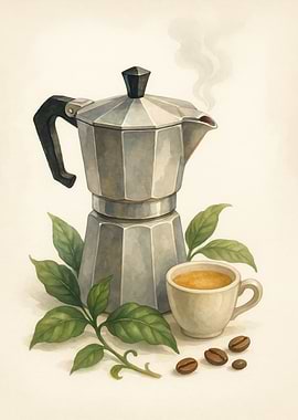 Classic Moka Pot with Coffee Leaves – Vintage Watercolor Art