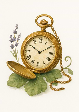 Vintage Pocket Watch with Fig Leaves – Watercolor Art
