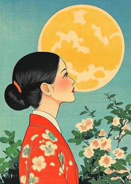 Japanese Girl Under Full Moon