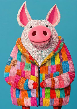 Pig in Patchwork Coat Animal Fashion Art