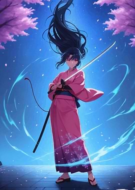 Anime Girl Swordswoman in Pink Kimono