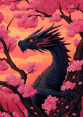 Black Dragon in Cherry Blossoms