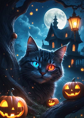 Halloween Cat with Jack-o'-Lanterns