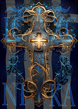 IC XC NIKA Ornate Gold Cross with Blue Background