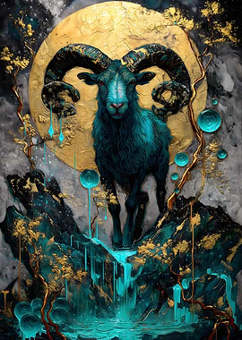 Teal Ram with Golden Moon