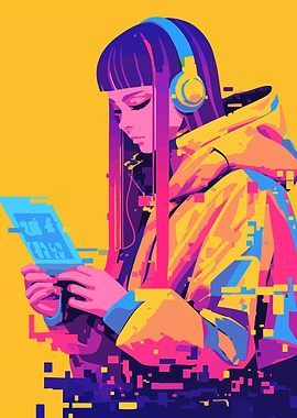 Futuristic Retro Anime Girl Minimalist Art Illustration