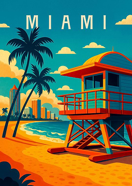 Miami Travel Poster – Beach, Palm Trees & Ocean Breeze