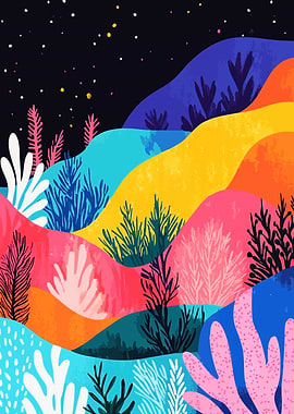 Abstract Minimalist Tropical Nightscape Art Illustration