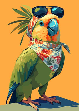 Cool Parrot in Sunglasses and Bandana Funny Minimalist Art Illustration