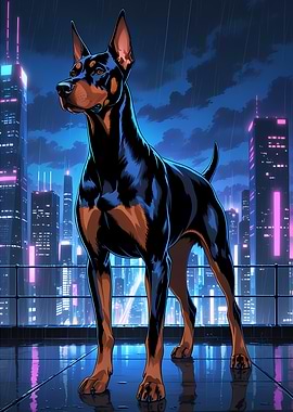 Stunning Doberman Pinscher Dog in Neon Cyberpunk City - Beautiful Anime Style Cartoon Dog Portrait Art